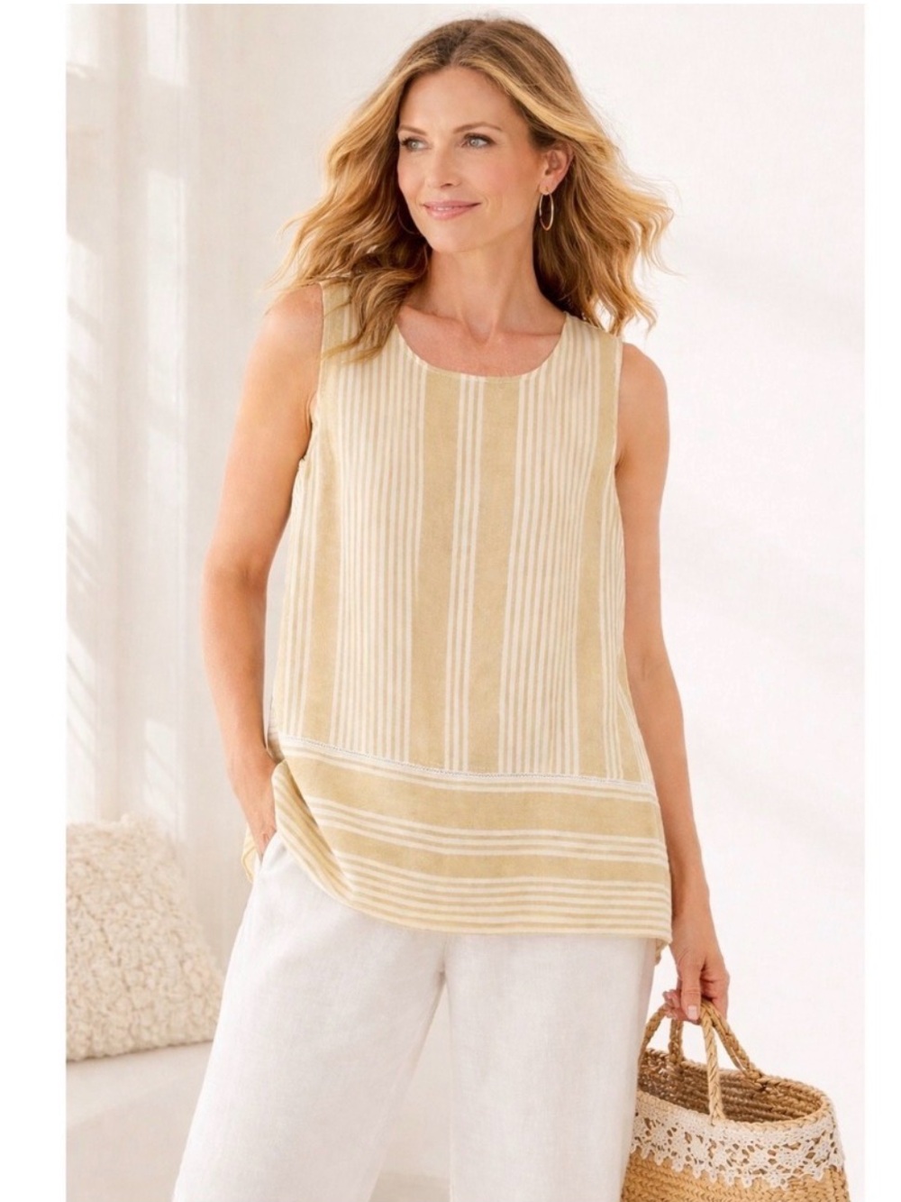 Linen Summer Beach Tank Top Tan & Cream Colors Womens Size 1X